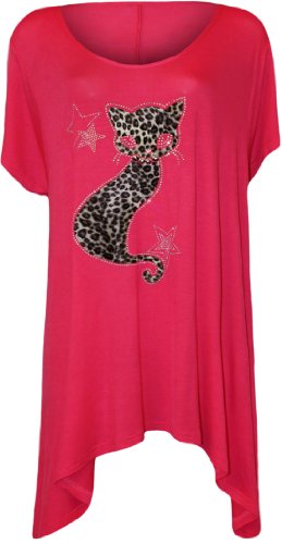 WearAll - Damen Übergröße Kurzarm Katze Nieten Strass Zipfelsaum T-Shirt Top - Cerise - 54-56 von WearAll