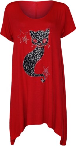 WearAll - Damen Übergröße Kurzarm Katze Nieten Strass Zipfelsaum T-Shirt Top - Rot - 54-56 von WearAll