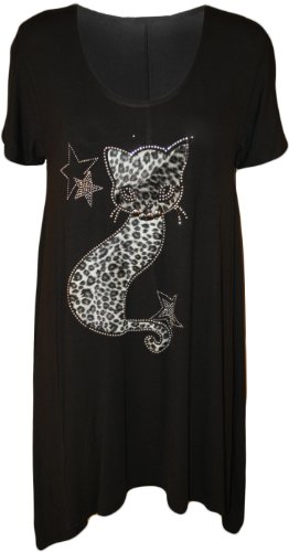 WearAll - Damen Übergröße Kurzarm Katze Nieten Strass Zipfelsaum T-Shirt Top - Schwarz - 50-52 von WearAll