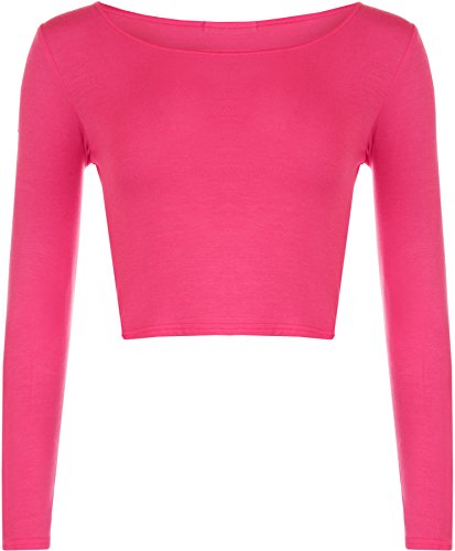 WearAll - Neu Damen Cropped Langarm T Shirt Kurz Schmucklos Rundhalsausschnitt Top - Cerise - 36/38 von WearAll