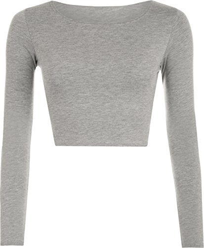 WearAll - Neu Damen Cropped Langarm T Shirt Kurz Schmucklos Rundhalsausschnitt Top - Hellgrau - 36/38 von WearAll