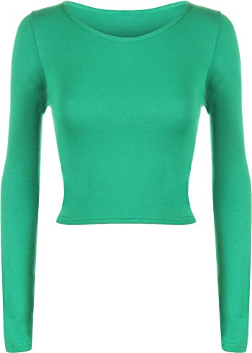 WearAll - Neu Damen Cropped Langarm T Shirt Kurz Schmucklos Rundhalsausschnitt Top - Jade - 36/38 von WearAll