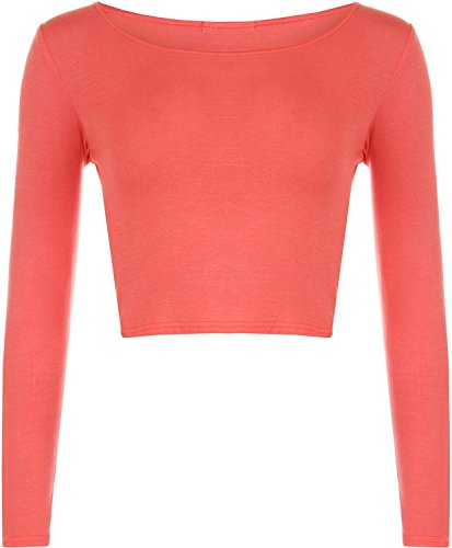 WearAll - Neu Damen Cropped Langarm T Shirt Kurz Schmucklos Rundhalsausschnitt Top - Koralle - 36/38 von WearAll