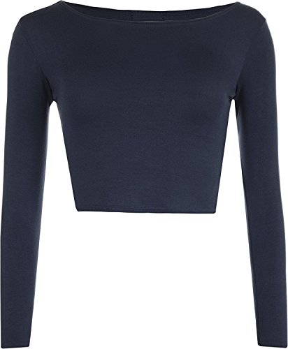 WearAll - Neu Damen Cropped Langarm T Shirt Kurz Schmucklos Rundhalsausschnitt Top - Marineblau - 36/38 von WearAll