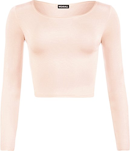 WearAll - Neu Damen Cropped Langarm T Shirt Kurz Schmucklos Rundhalsausschnitt Top - Nude - 36/38 von WearAll