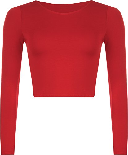 WearAll - Neu Damen Cropped Langarm T Shirt Kurz Schmucklos Rundhalsausschnitt Top - Rot - 36/38 von WearAll