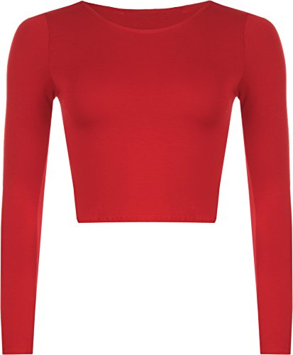 WearAll - Neu Damen Cropped Langarm T Shirt Kurz Schmucklos Rundhalsausschnitt Top - Rot - 40/42 von WearAll