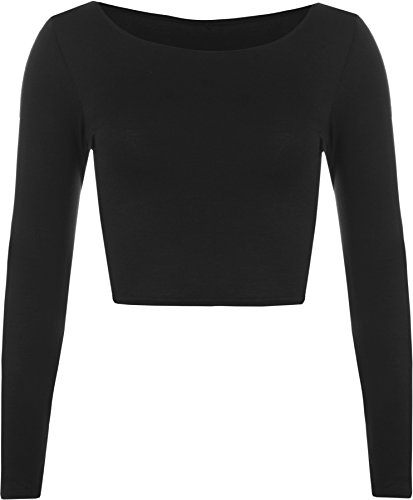 WearAll - Neu Damen Cropped Langarm T Shirt Kurz Schmucklos Rundhalsausschnitt Top - Schwarz - 36/38 von WearAll