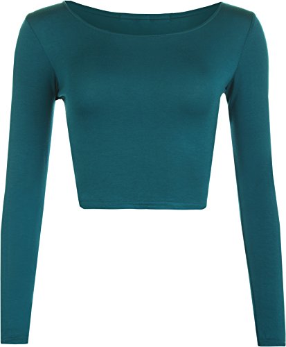 WearAll - Neu Damen Cropped Langarm T Shirt Kurz Schmucklos Rundhalsausschnitt Top - Teal - 36/38 von WearAll