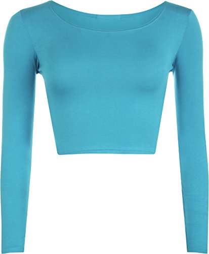 WearAll - Neu Damen Cropped Langarm T Shirt Kurz Schmucklos Rundhalsausschnitt Top - Türkis - 36/38 von WearAll