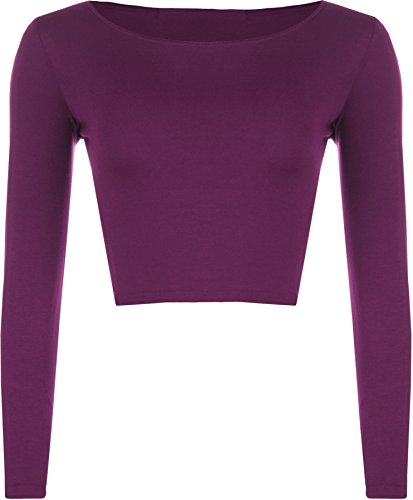 WearAll - Neu Damen Cropped Langarm T Shirt Kurz Schmucklos Rundhalsausschnitt Top - Violett - 36/38 von WearAll