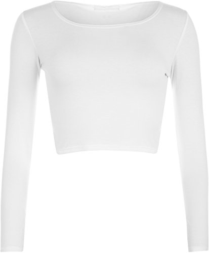 WearAll - Neu Damen Cropped Langarm T Shirt Kurz Schmucklos Rundhalsausschnitt Top - Weiß - 36/38 von WearAll