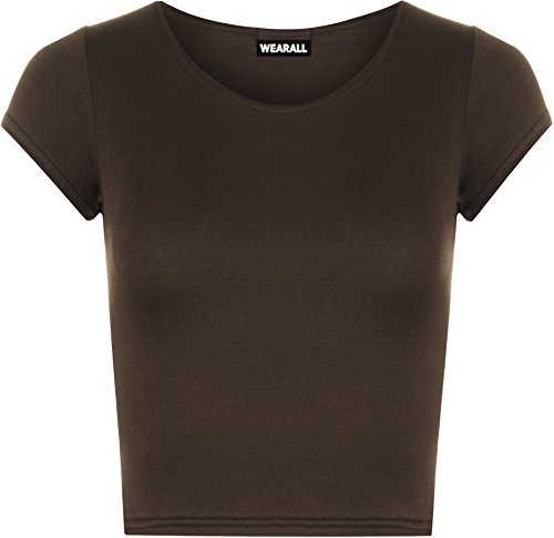 WearAll - Neu Damen Kurzarm Crop Top Rundhalsausschnitt Elastisch Ladies Büstenhalter Unterhemd - Dunkelbraun - 40/42 von WearAll