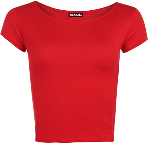WearAll - Neu Damen Kurzarm Crop Top Rundhalsausschnitt Elastisch Ladies Büstenhalter Unterhemd - Rot - 40/42 von WearAll