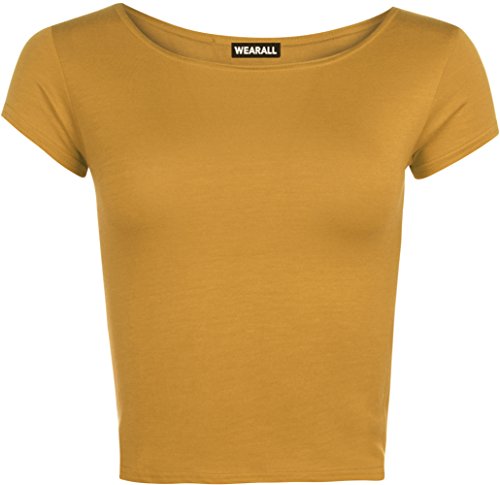 WearAll - Neu Damen Kurzarm Crop Top Rundhalsausschnitt Elastisch Ladies Büstenhalter Unterhemd - Senf - 36/38 von WearAll