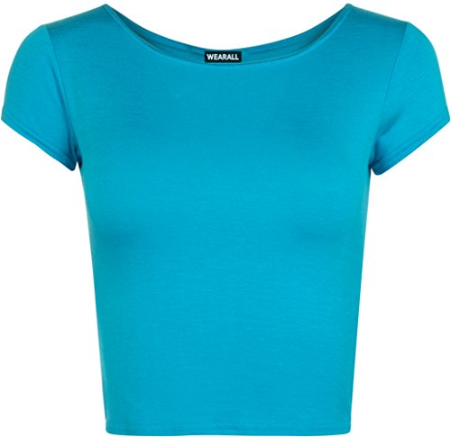 WearAll - Neu Damen Kurzarm Crop Top Rundhalsausschnitt Elastisch Ladies Büstenhalter Unterhemd - Türkis - 36/38 von WearAll