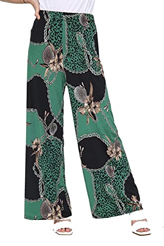 WearAll Palazzo-Hose für Damen, Blumenmuster, weites Bein, Schwarz mit Punkten, Grüne Leopardenkette, 42-44 von WearAll