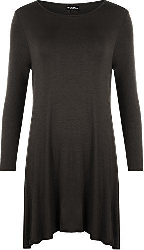 WearAll - Übergröße Damen Plain Stretch Langarm Swing-Kleid Top - Dunkelbraun - 48-50 von WearAll