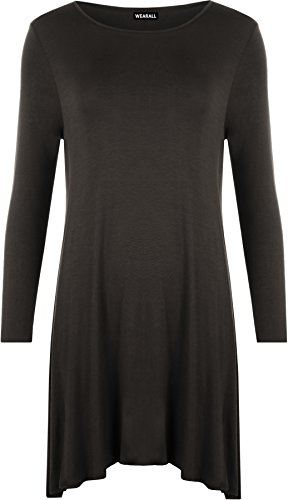 WearAll - Übergröße Damen Plain Stretch Langarm Swing-Kleid Top - Dunkelbraun - 52-54 von WearAll