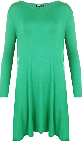WearAll - Übergröße Damen Plain Stretch Langarm Swing-Kleid Top - Grün - 48-50 von WearAll