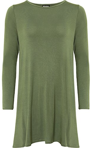 WearAll - Übergröße Damen Plain Stretch Langarm Swing-Kleid Top - Khaki - 52-54 von WearAll