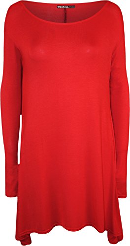 WearAll - Übergröße Damen Plain Stretch Langarm Swing-Kleid Top - Rot - 48-50 von WearAll