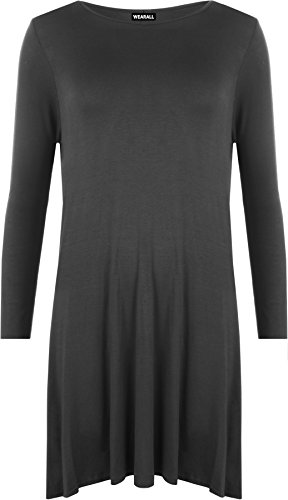 WearAll - Übergröße Damen Plain Stretch Langarm Swing-Kleid Top - Schwarz - 48-50 von WearAll