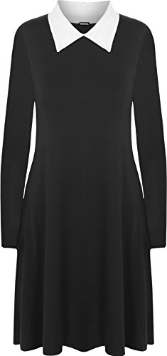 WearAll - Übergröße Kragen Langarm Plain-Schwingen-Kleid - Schwarz Weiß - 44-46 von WearAll