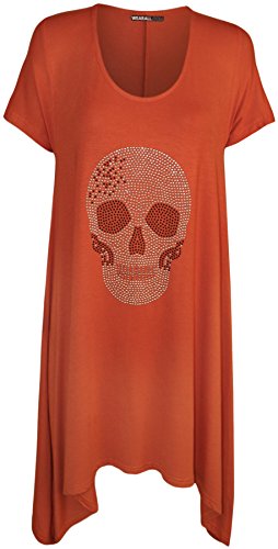 WearAll - Übergröße Schädel Sequin Stud Kurzarm Taschentuch Hem Top - Koralle - 48 von WearAll