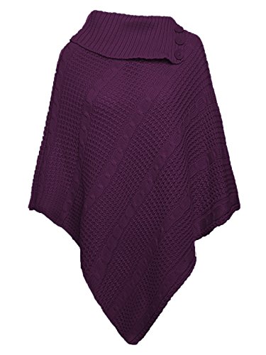 Woman Collar 3 Buttons Cape Shawl Wrap Cable Knitted Sweater Jumper Ladies Poncho One Size Fit Purple 34-44 von WearAll