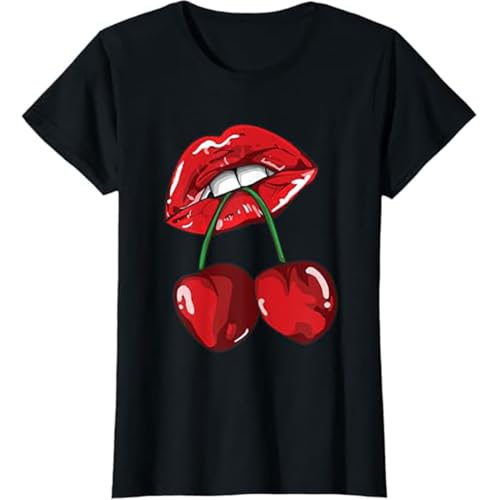Women Cherry Lips Printed Baggy Short Sleeve T-Shirt Top Red Lips Bite Cherry 80s Trendy Design Black 48-50 von WearAll