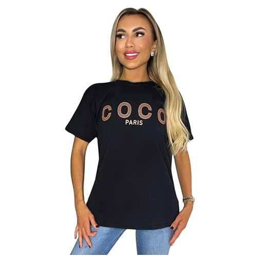 Women's Short Sleeve Coco Slogan Printed T-Shirts Ladies Oversized Summer Tops Black 42-44 von WearAll