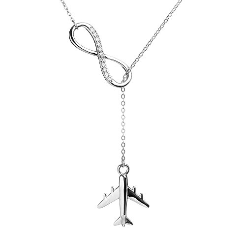 925 Sterling Silber Flugzeug und Unendlichkeitskette - Verstellbare lange Kette mit Flugzeuganhänger und zirkonbesetztem Unendlichkeitssymbol - Geschenkidee für den Reisenden - Modell Lissabon von WearTravelers