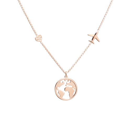 925er Sterling Silber Kette mit Weltkarten - Flugzeug- und Herz-Anhängern - Zirkonia Akzente - Geschenkidee für Reisende - Made in Italy - Modell Atlanta (Roségold) von WearTravelers