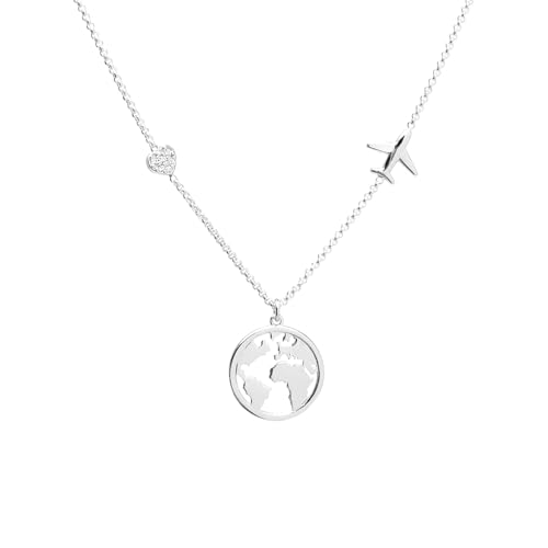 925er Sterling Silber Kette mit Weltkarten - Flugzeug- und Herz-Anhängern - Zirkonia Akzente - Geschenkidee für Reisende - Made in Italy - Modell Atlanta (Silber) von WearTravelers