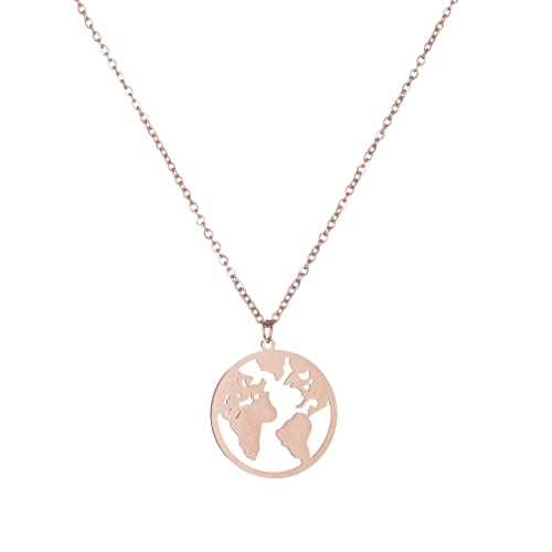 Edelstahl Weltkarte Kette mit poliertem Weltkarten-Anhänger - Geschenk für reisende Frauen - Modell Rom (Roségold) von WearTravelers