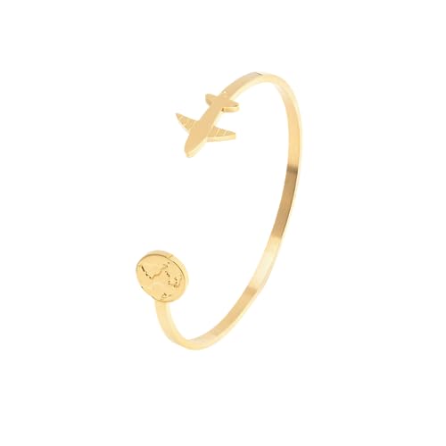Elegantes Edelstahl Armband mit Flugzeug und Weltkarte - Verstellbares Starres Design - Geschenk für Reisende - Modell Hanoi (Poliertes Gold) von WearTravelers