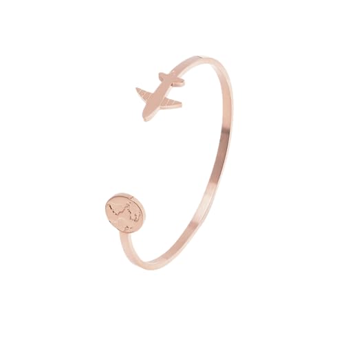Elegantes Edelstahl Armband mit Flugzeug und Weltkarte - Verstellbares Starres Design - Geschenk für Reisende - Modell Hanoi (Poliertes Roségold) von WearTravelers
