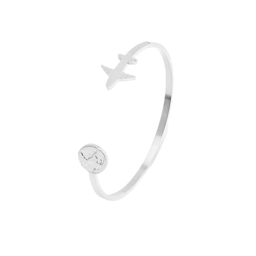 Elegantes Edelstahl Armband mit Flugzeug und Weltkarte - Verstellbares Starres Design - Geschenk für Reisende - Modell Hanoi (Silber Satiniert) von WearTravelers