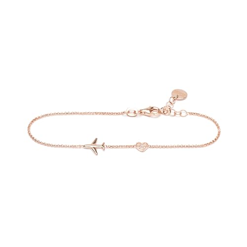WearTravelers 925 Sterling Silber Armband mit Flugzeug und Herz mit Zirkonia - Verstellbar - Made in Italy - Geschenk für reisende Frauen - Modell Seattle (Roségold - RG) von WearTravelers