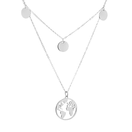 WearTravelers 925 Sterling Silber Doppel Kette mit Weltkarten-Anhänger - Für reisende Frauen - Modell Sofia (Silber) von WearTravelers