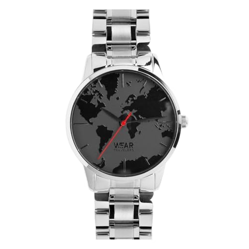 Herren Weltkarte Armbanduhr 326L Stahl und wasserdicht (3ATM) - Japanische Quarz-Mechanismus (2035 Japan MIYOTA Quartz) - BlackWorld Modell (Silber) von WearTravelers
