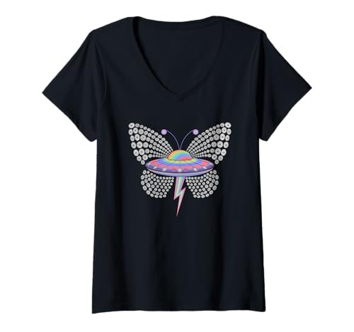 Damen Außerirdischer Schmetterling UFO T-Shirt mit V-Ausschnitt von Wearable Art Streetwear
