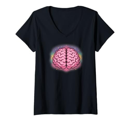 Damen Lustige, niedliche Gehirn-Glitzerkunst T-Shirt mit V-Ausschnitt von Wearable Art Streetwear
