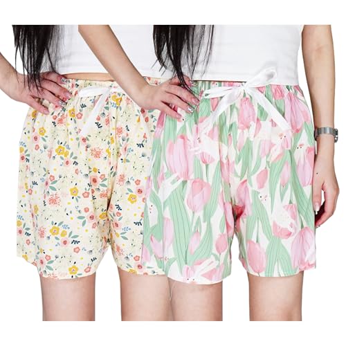 Weardear 2 Pack Damen Schlafshorts Kurz Schlafhose Sommer Print Pyjama Hose Nachtwäsche, Blumen/Rosa Tulpen von Weardear
