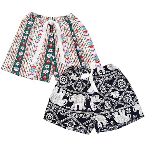 Weardear 2 Pack Damen Schlafshorts Kurz Schlafhose Sommer Print Pyjama Hose Nachtwäsche, Elefant/Böhmen von Weardear