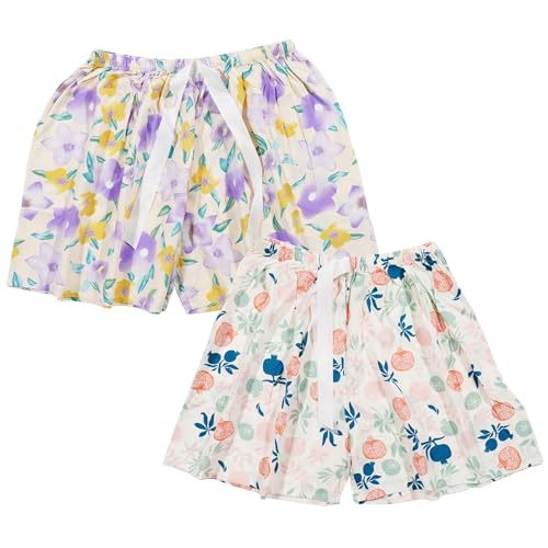 Weardear 2 Pack Damen Schlafshorts Kurz Schlafhose Sommer Print Pyjama Hose Nachtwäsche, Granatapfel/Lila Blumen von Weardear