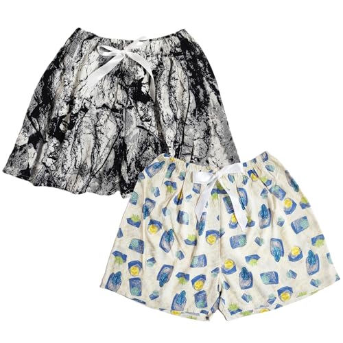 Weardear 2 Pack Damen Schlafshorts Kurz Schlafhose Sommer Print Pyjama Hose Nachtwäsche, Kristalle/Tintenspritzer von Weardear