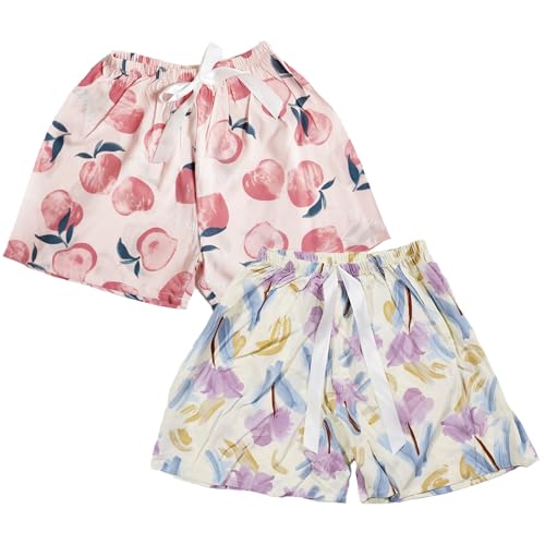 Weardear 2 Pack Damen Schlafshorts Kurz Schlafhose Sommer Print Pyjama Hose Nachtwäsche, Pfirsich/Lila Blumen von Weardear