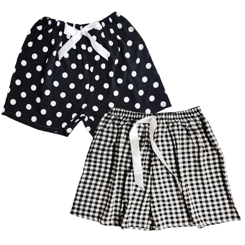 Weardear 2 Pack Damen Schlafshorts Kurz Schlafhose Sommer Print Pyjama Hose Nachtwäsche, Polka Dots/Kariert von Weardear